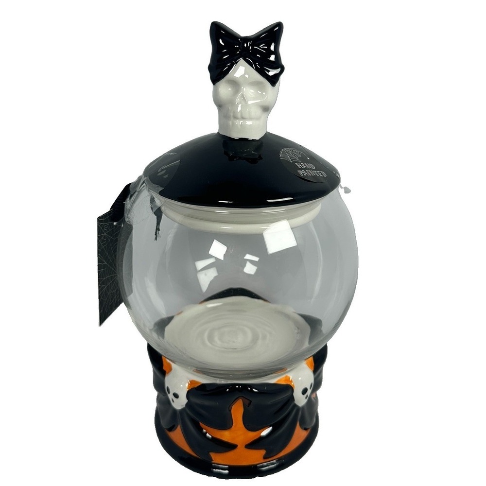 Cobwebs & Cauldrons Skull Bow Candy Jar Glass Apothecary Halloween Ghost Decor